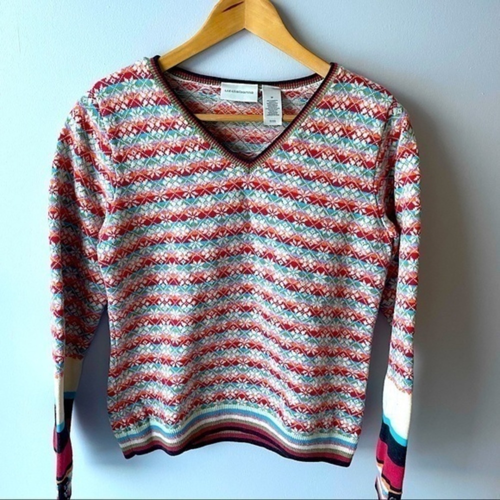 Liz Claiborne Rainbow Stripes Snowflake Cotton Blend V-Neck Sweater Sz. M